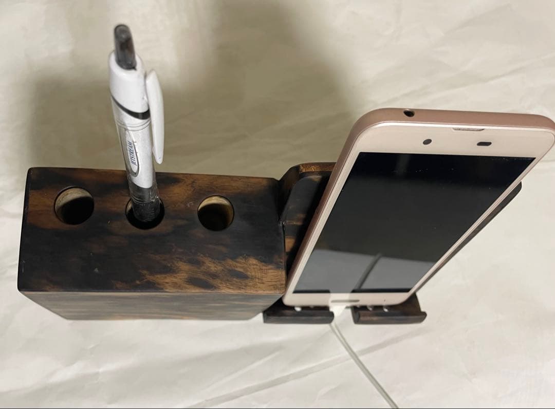 (確認用品) 黒柿一体型ペン立てスマホスタンド