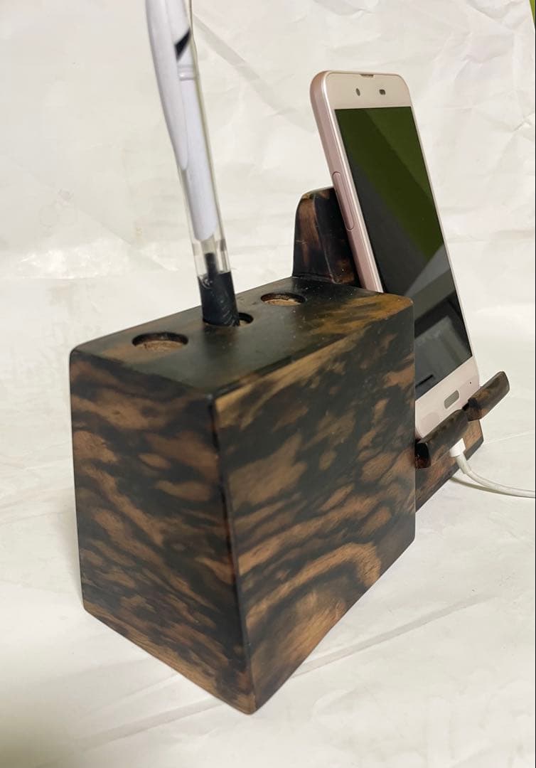 (確認用品) 黒柿一体型ペン立てスマホスタンド