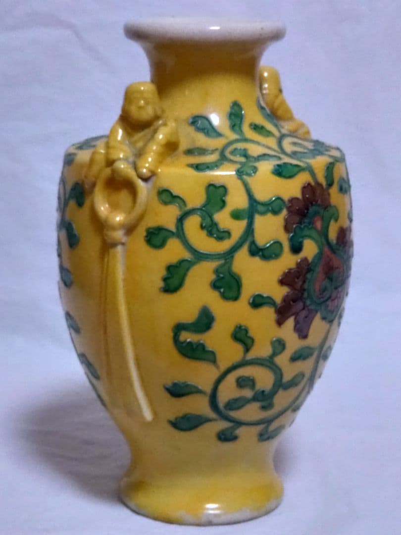 古玩　南紀男山焼　交趾唐草文　花入　古箱入