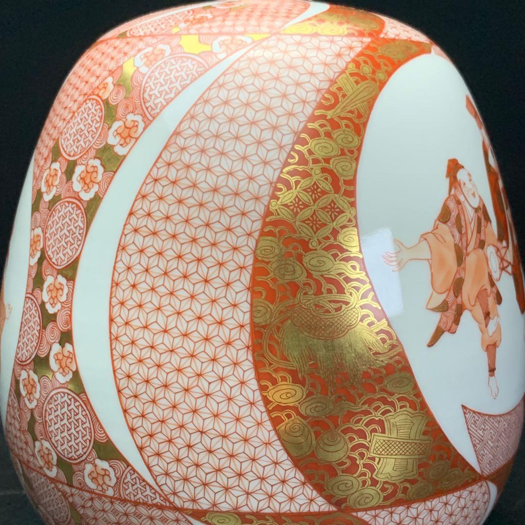 【福島武山 作】九谷焼 名工 『赤絵 江戸まつり』 九谷佐野窯 花瓶 共布 共箱