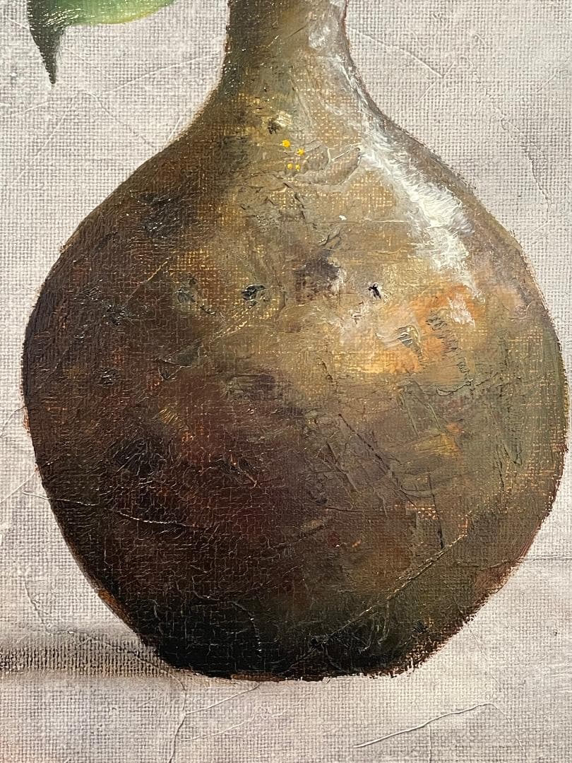 「真作」安田英明「椿」静物画　油彩画　額装　サイン有り　F4号