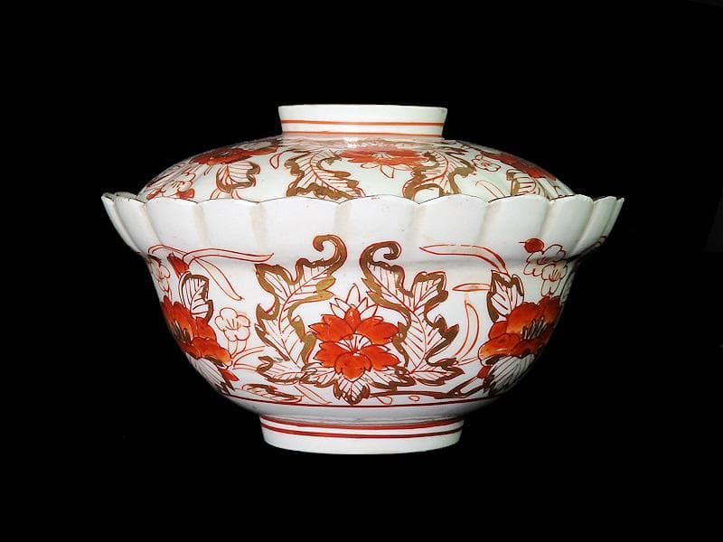 古伊万里　金襴手　輪花　花に柘榴の図　蓋付き深鉢　菓子鉢　E866AS-COk