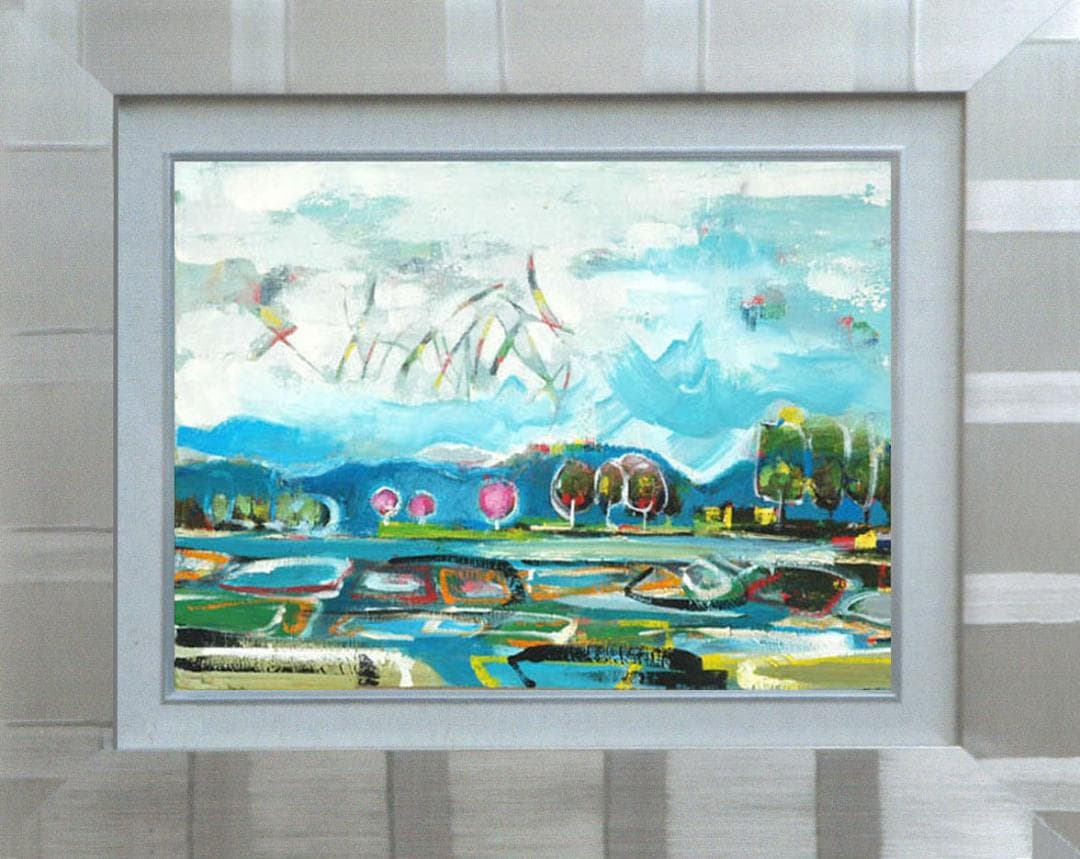 油絵 菅家令子 絵 絵画インテリア額付(青緑＋金色の枠)uF6-063003風景