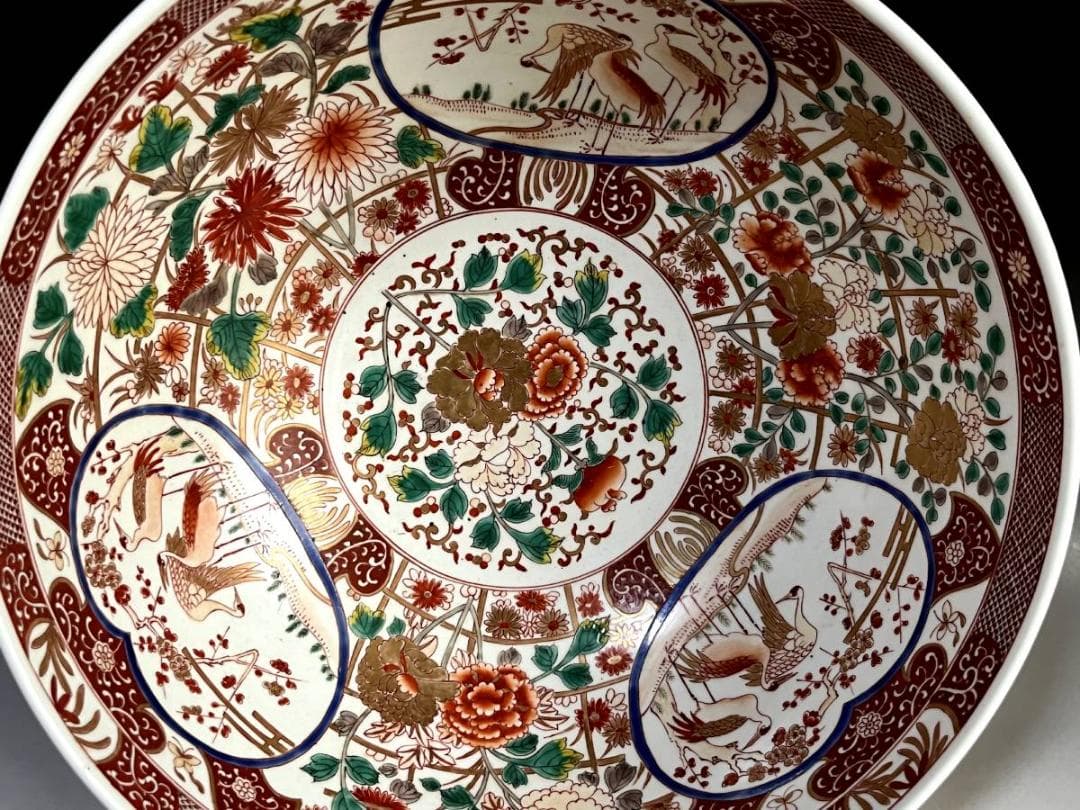 大鉢■みごとな赤絵金襴手大鉢 窓花鳥図 牡丹 松竹梅 菊 手描 江戸期 骨董品■