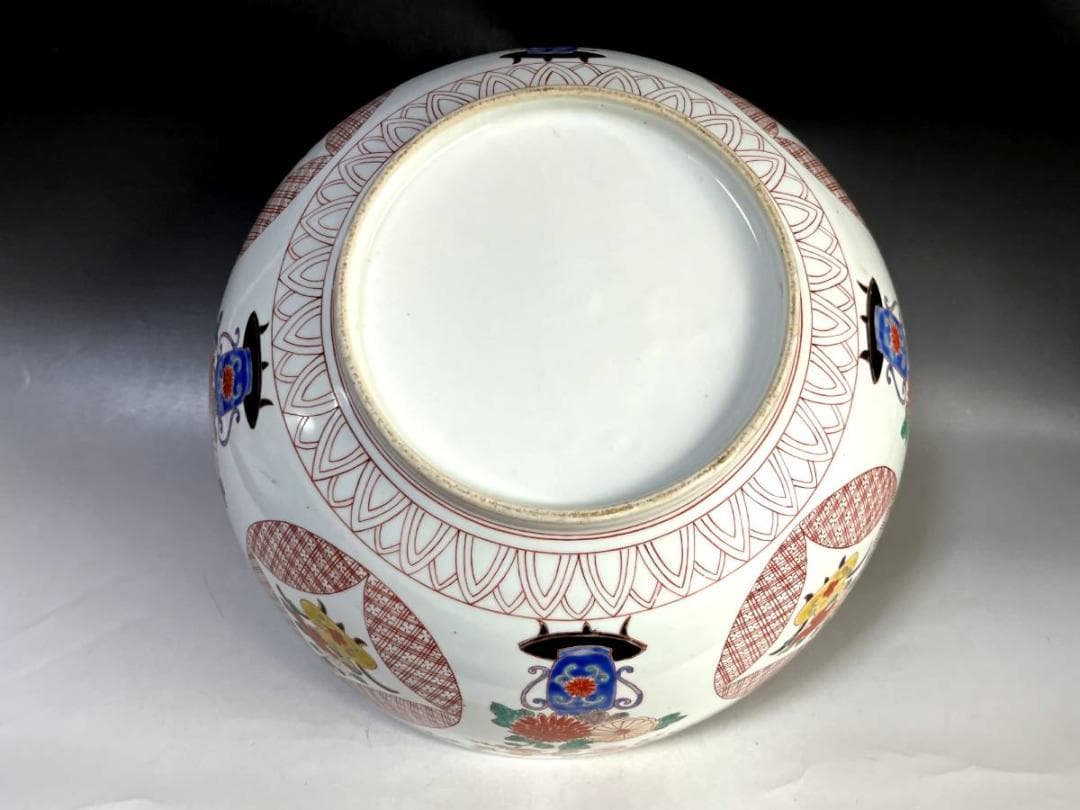 大鉢■みごとな赤絵金襴手大鉢 窓花鳥図 牡丹 松竹梅 菊 手描 江戸期 骨董品■
