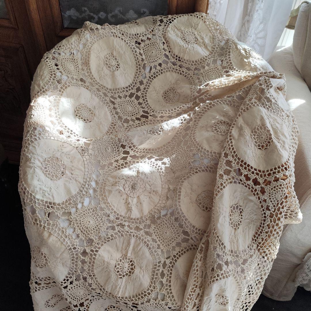 Vintage生成り　手編みレース 35パーツ繋ぎ フリークロス