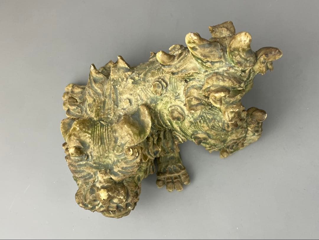 細密細工 名工 村瀬甲二 作 瀬戸焼 手び練り作家 黄瀬戸焼の獅子 阿像 古瀬戸