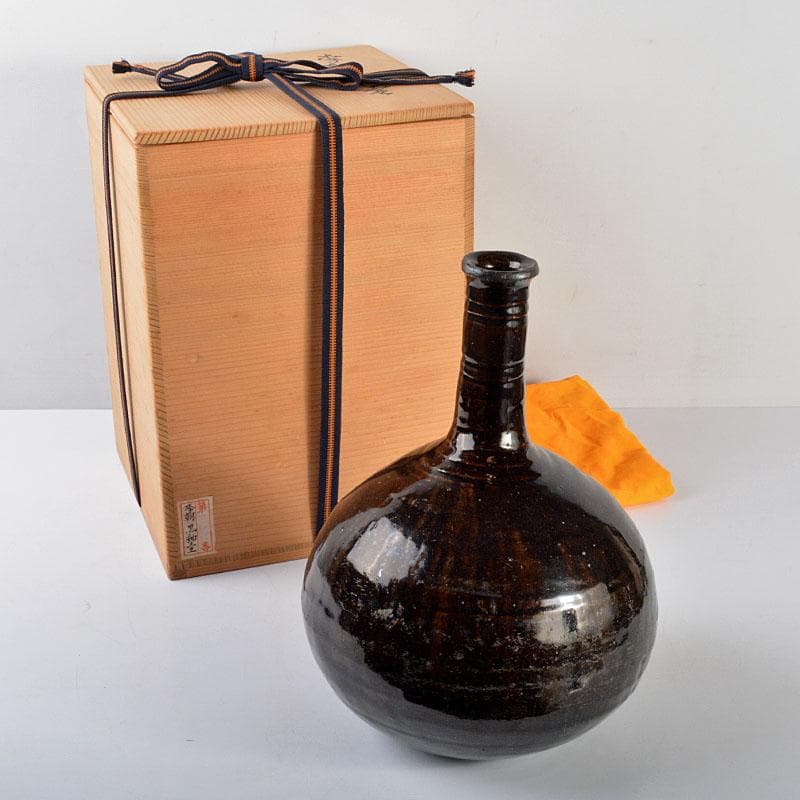 朝鮮　李朝　黒釉壷　鶴首瓶　時代箱付　M　R4425B