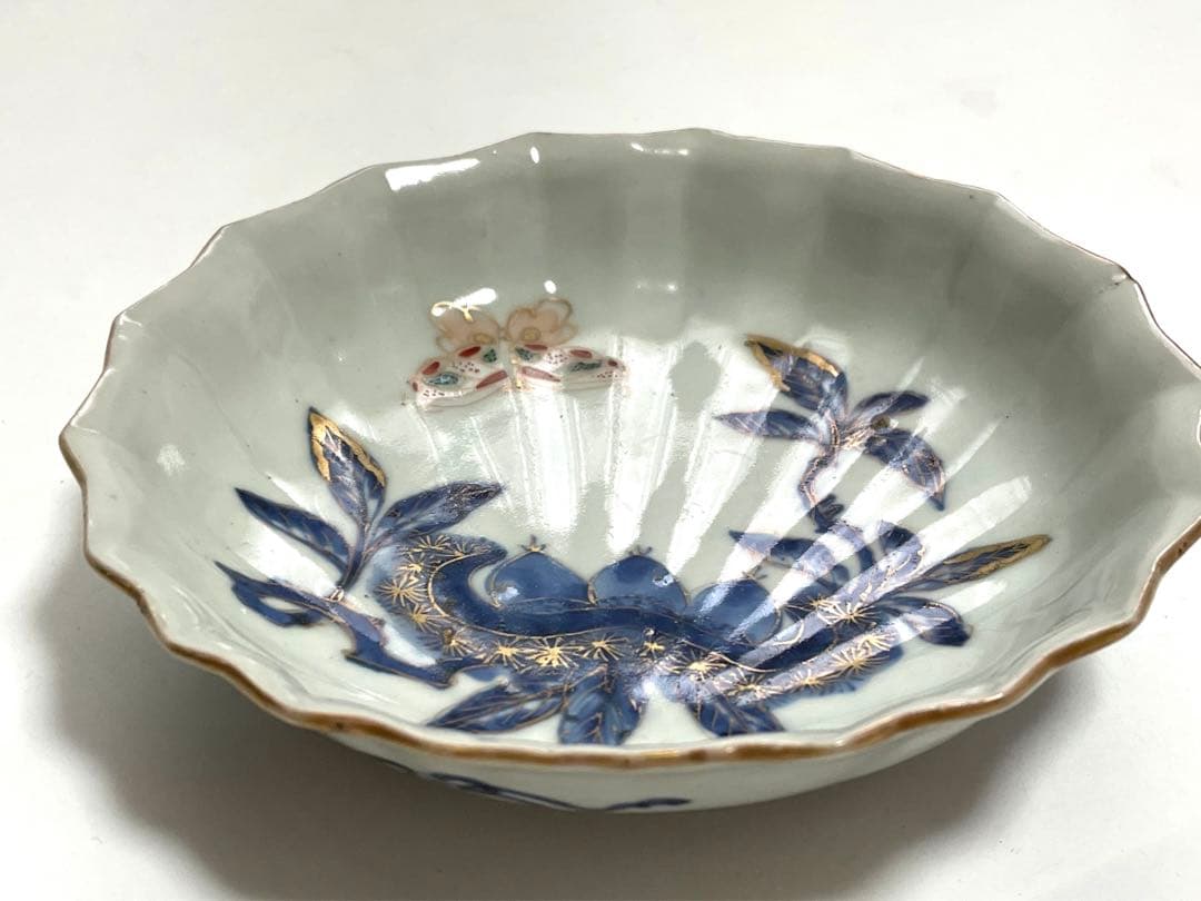 古伊万里　骨董　色絵　金彩　栗に蝶々の図　秋　輪花縁　なます皿　膾皿