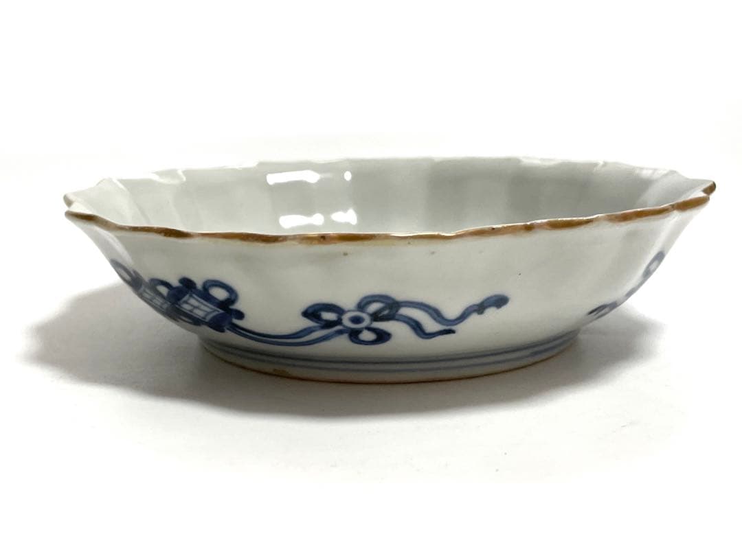 古伊万里　骨董　色絵　金彩　栗に蝶々の図　秋　輪花縁　なます皿　膾皿