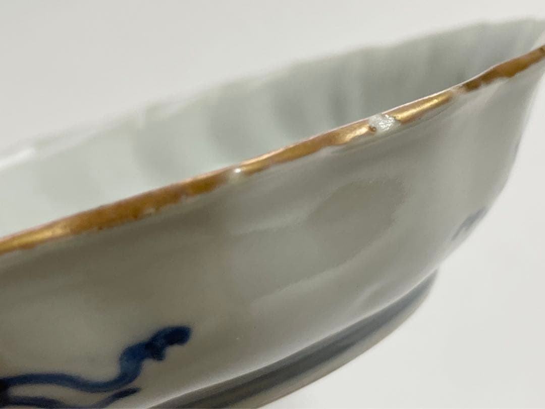 古伊万里　骨董　色絵　金彩　栗に蝶々の図　秋　輪花縁　なます皿　膾皿