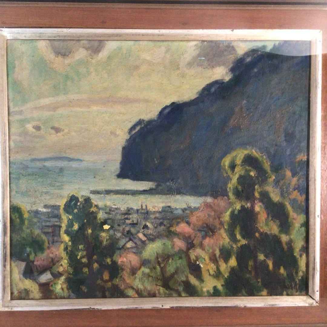 No3710額装　笹鹿彪　「熱海の朝」　油彩画10号　直筆サイン　絵画　送料無料