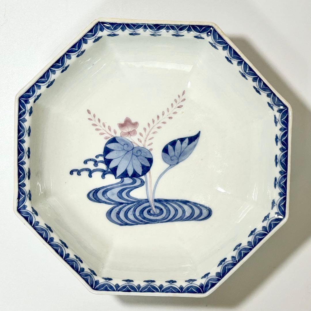 富永源六 釉裏紅 花流水文八角鉢 源六焼 嬉野焼　有田　伊万里