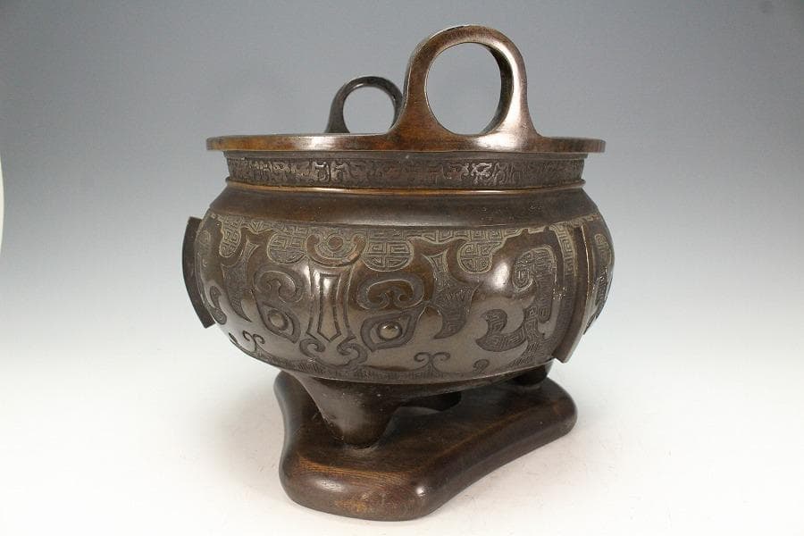 古銅 饕餮紋 双耳 円形 瓶掛(K-LC698)
