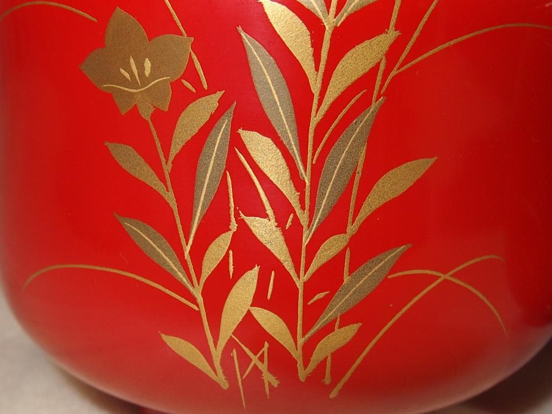 【美品】輪島塗 西久保田漆器店 朱塗 桔梗蒔絵 小吸物椀 5客 瓢型 漆器/食器