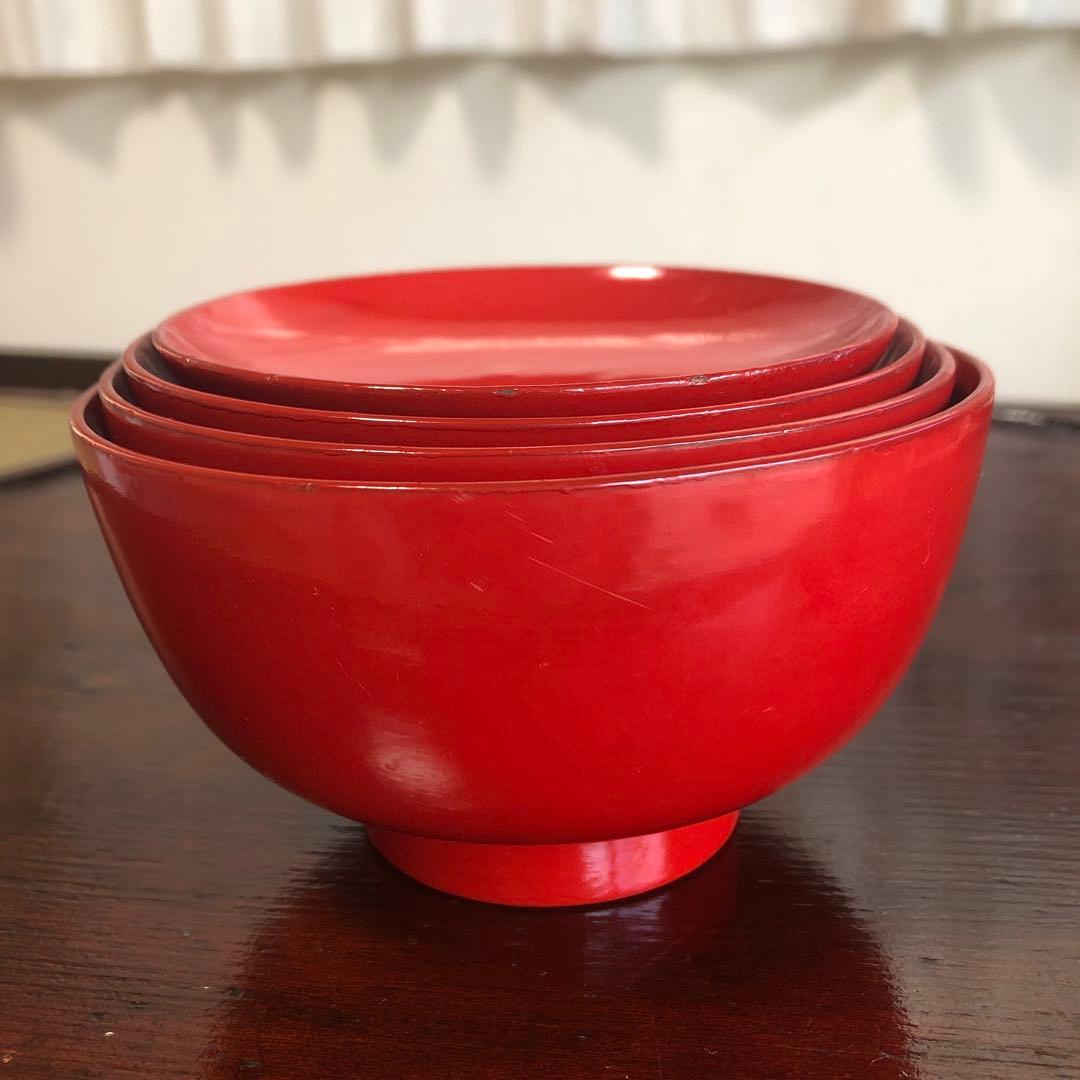 四つ組椀　漆椀4客セット　漆器　朱椀　昔椀　浄法寺塗　天然木　アンティーク