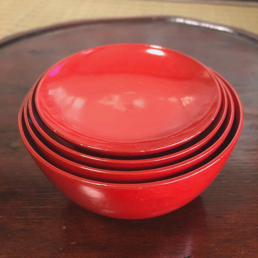 四つ組椀　漆椀4客セット　漆器　朱椀　昔椀　浄法寺塗　天然木　アンティーク