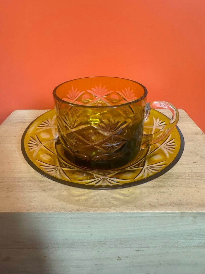 1805 手作りガラス　切子　カップ＆ソーサー　未使用