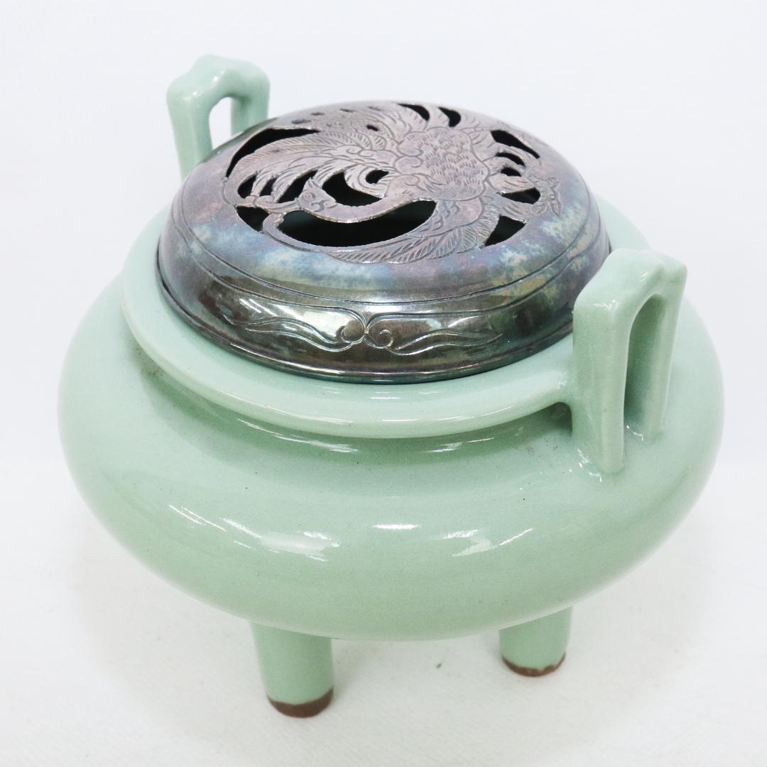 初代 諏訪蘇山 作 青磁 立耳 香炉 共箱 共布　鳳凰透火舎　帝室技芸員