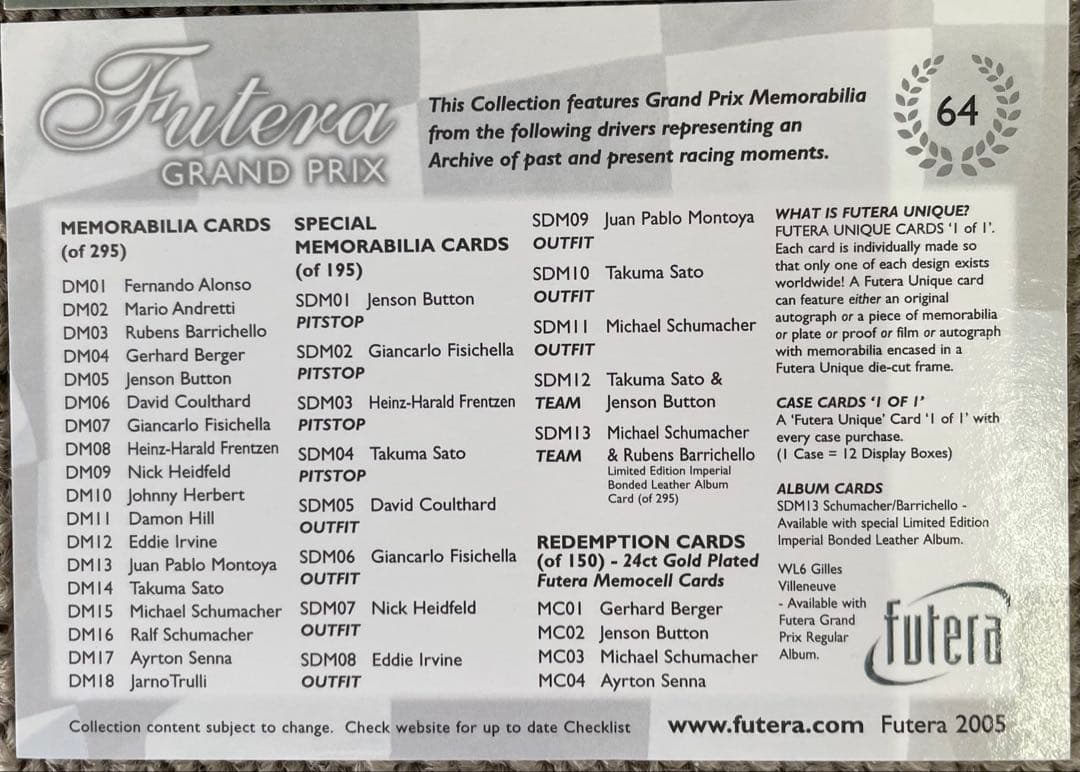 2005 FUTERA GRAND PRIX F1 レギュラーカード63種セット