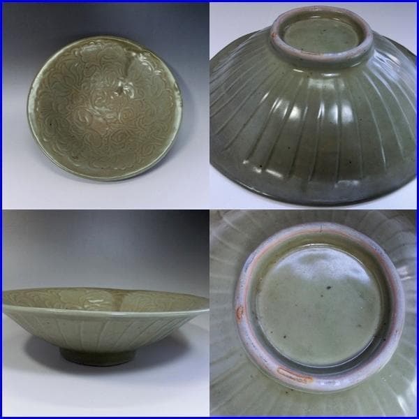 鉢■高麗青磁鉢 印花陽刻牡丹文 古い平鉢 古皿 大皿 古玩 唐草紋 時代物 骨董
