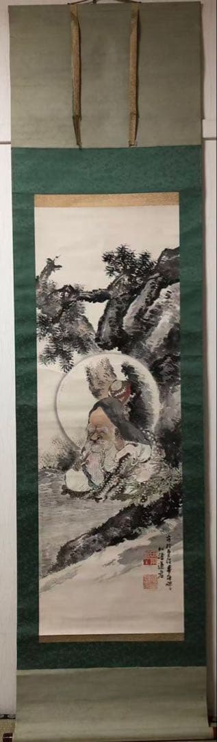 掛け軸　倉田松涛［福禄寿］人物 紙本　堆朱軸先！33