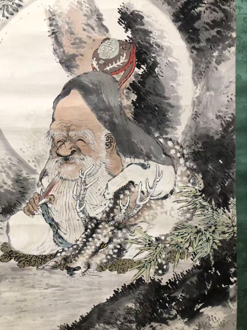 掛け軸　倉田松涛［福禄寿］人物 紙本　堆朱軸先！33