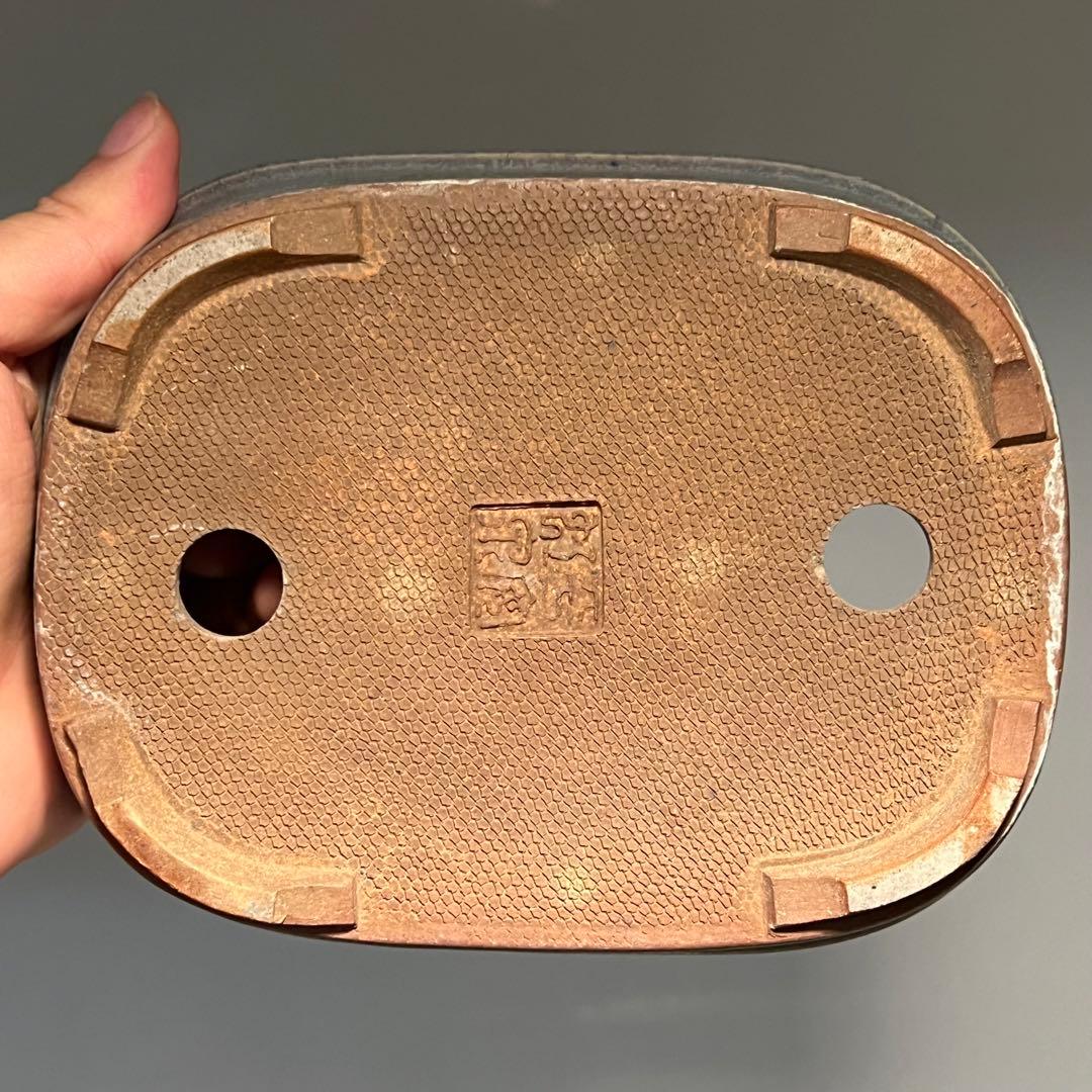 831.虹泉 紫釉抚角段足長方 盆栽鉢 植木鉢 16.8*13.3*4cm