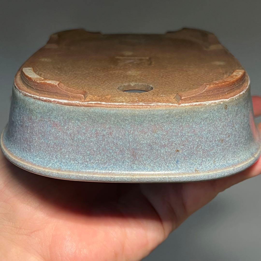 831.虹泉 紫釉抚角段足長方 盆栽鉢 植木鉢 16.8*13.3*4cm