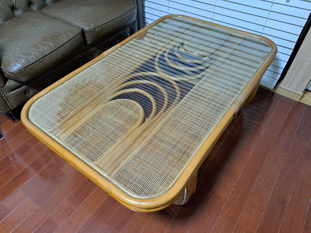 最終値下げ　ラタン製　ガラス天板　座卓