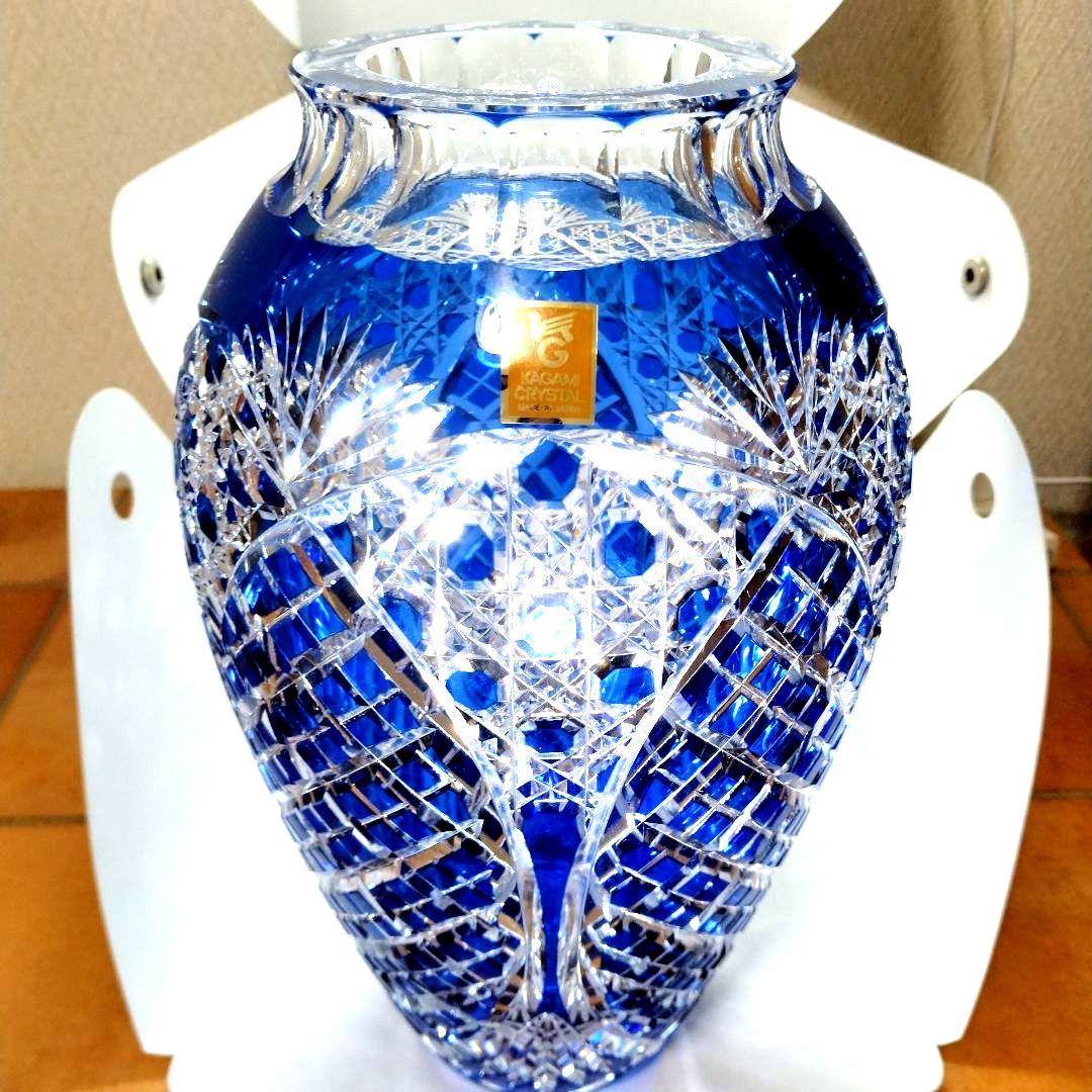 新品未使用カガミクリスタル江戸切子笹っ葉八角籠目文花瓶花器フラワーベース薩摩切子