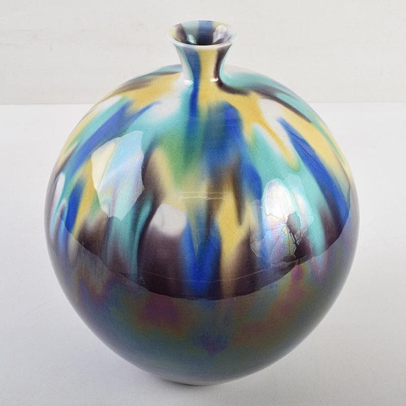 九谷焼　柳雨軒　三代八十吉　徳田正彦作　彩釉　壷　共箱　U　R9360B