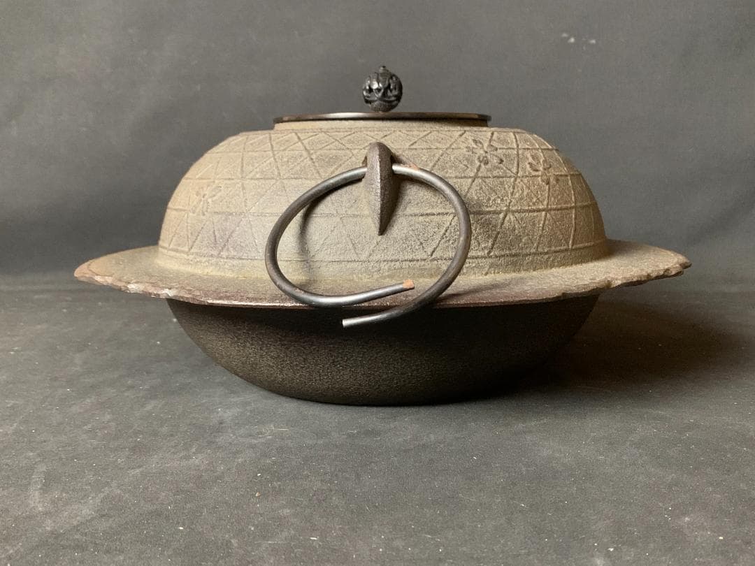 釜師 菊地政光造 桜川 透木釜 釜環付 共箱 茶道具 868