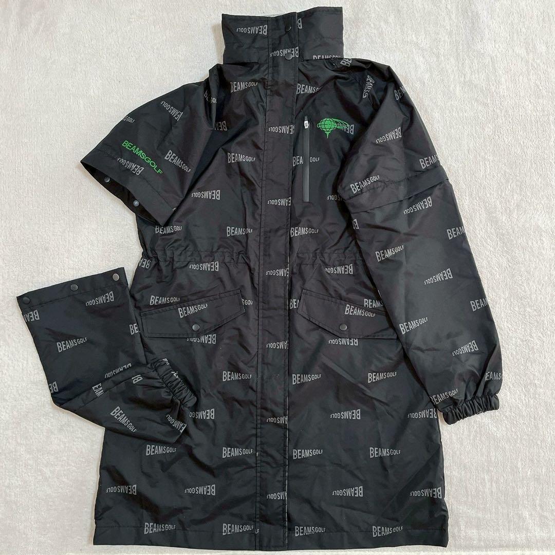極美品　ビームスゴルフ　2WAY レインコート 2　ロゴ　総柄　ブラック　フード
