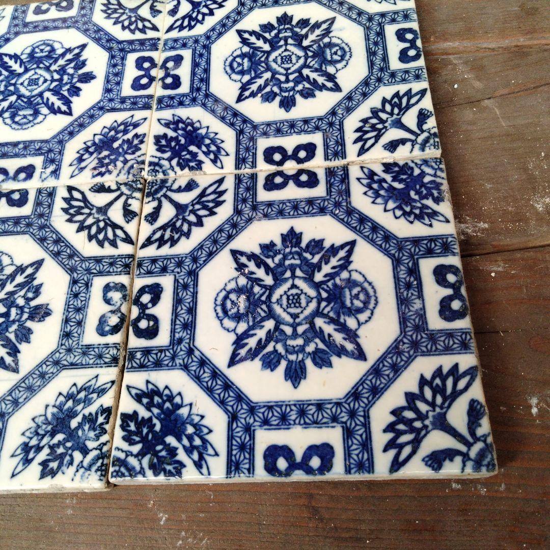 大正昭和時代　青白花柄アンティークタイル　4枚セット
