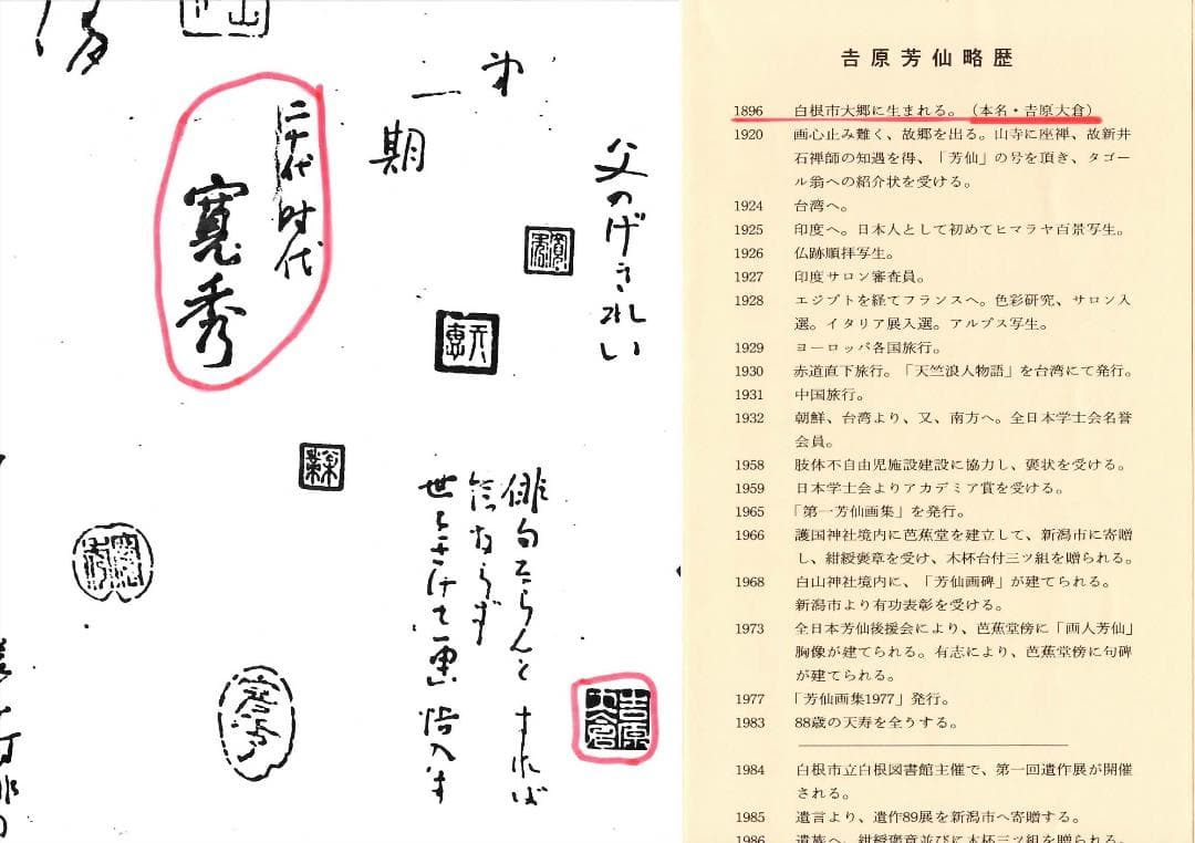 日本画家　吉原芳仙の若書き『寛秀・達磨図』茶掛け　紙本(大和和紙)直筆保証