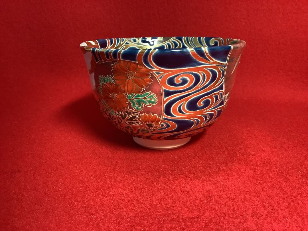紺地団扇流水茶碗　水無月窯　芳哉造【中古美品】