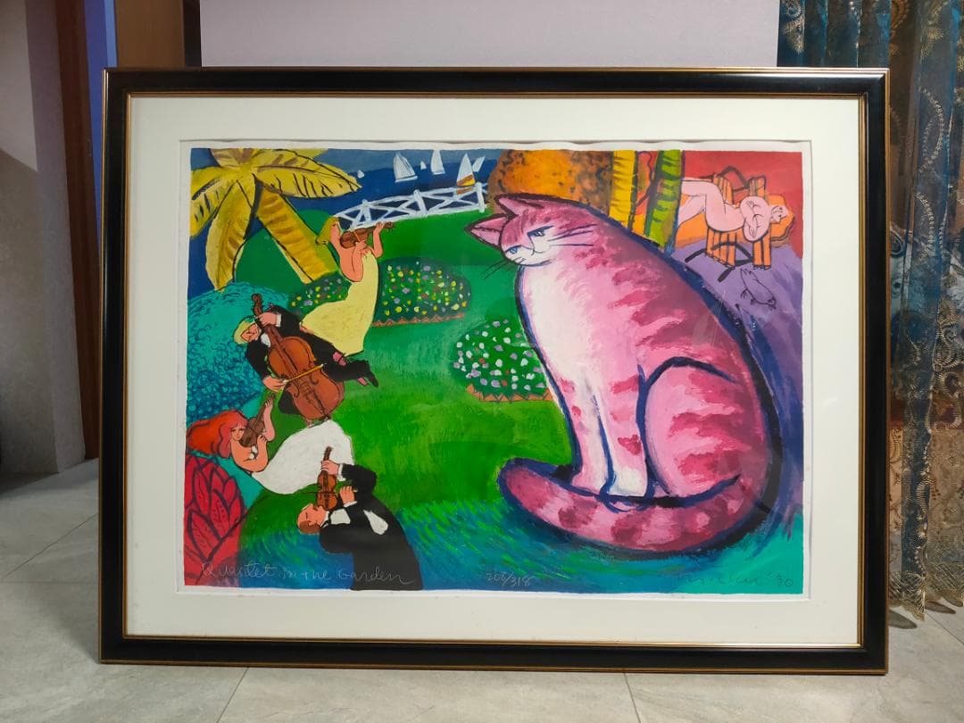 送料込【真作】Michael Leu　マイケル・ルー　リトグラフ　直筆サイン　猫