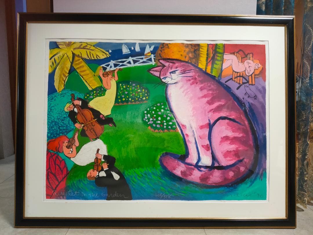 送料込【真作】Michael Leu　マイケル・ルー　リトグラフ　直筆サイン　猫