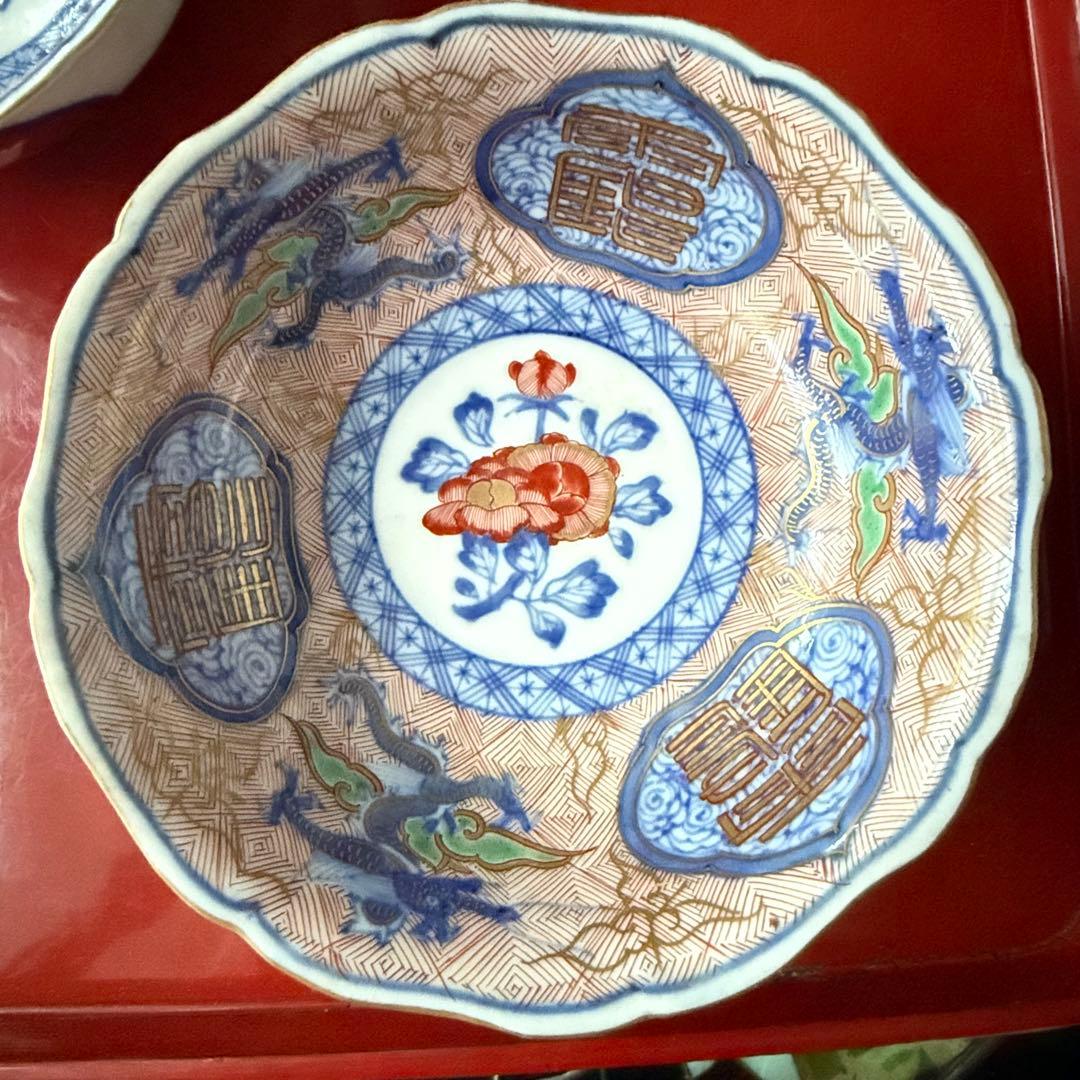 超限定21日20 時迄‼️強運献上大聖寺伊万里Dragon❌牡丹龍靏玉珍玩膾皿2客