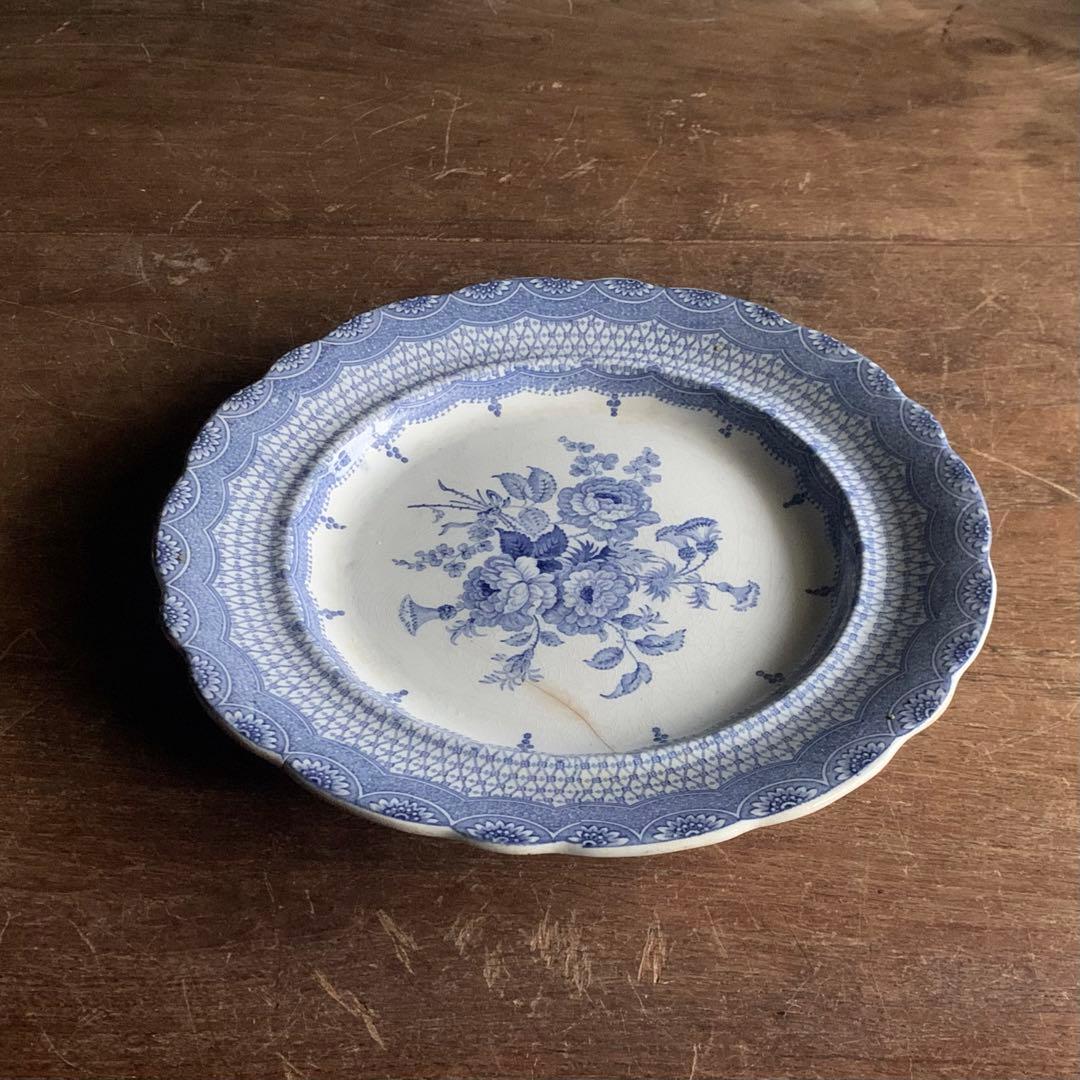 銅板転写 かわいらしい花柄 輪花 プレート 中皿 リム皿 古道具 アンティーク