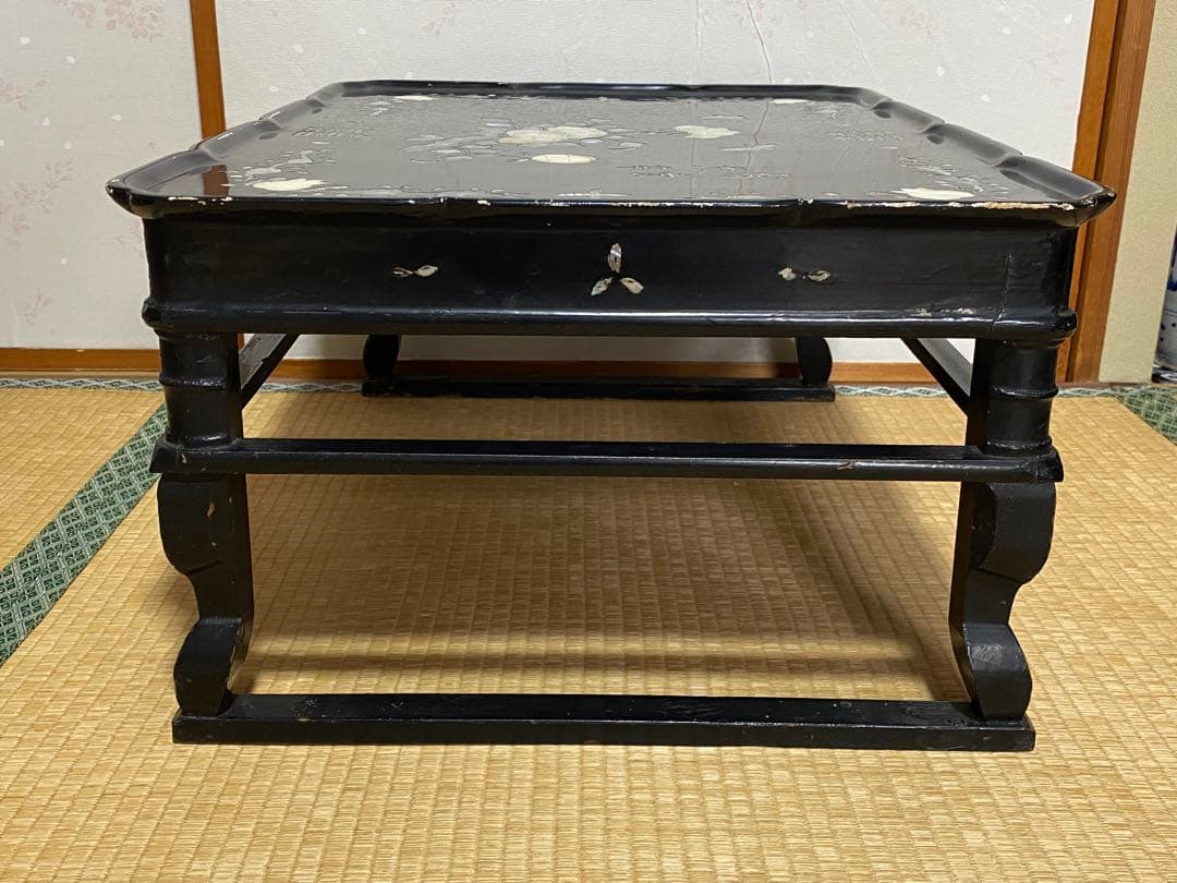 ♦中国清時代 花 蝶 柘榴 富貴 吉祥文 螺鈿細工 輪花 四方足 花台 骨董品