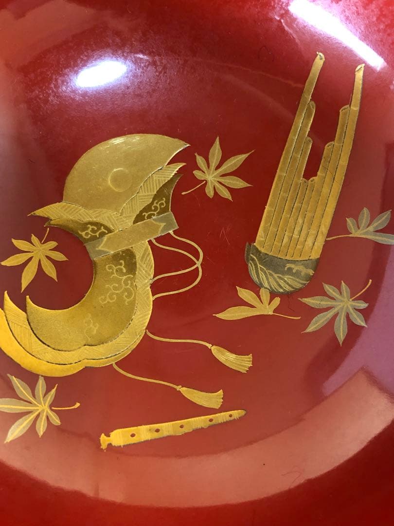 《R》朱塗 金蒔絵 烏帽子和楽器 吸物椀5客 木製漆器　251204お3
