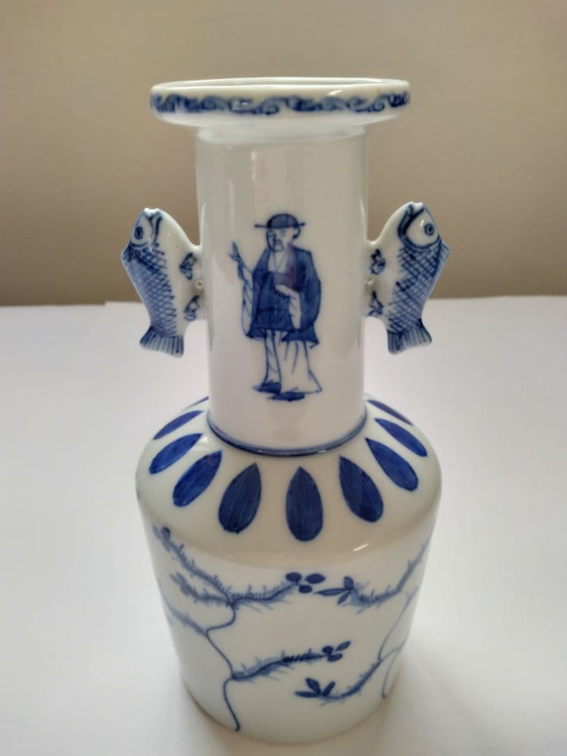 九谷　陶源製　高砂花入　染付鯉耳　華入