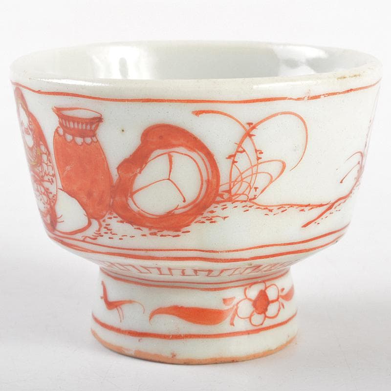 湖東焼　赤絵　人物文　猪口　盃　時代箱付　V　R5213