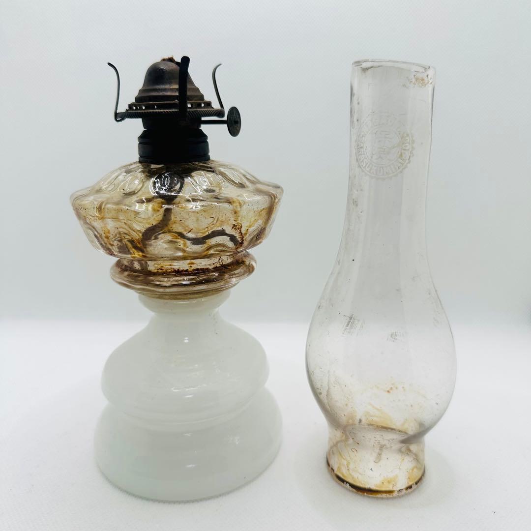 アンティーク オイルランプ 乳白色ガラス製 大正ロマン レトロ 30cm 希少