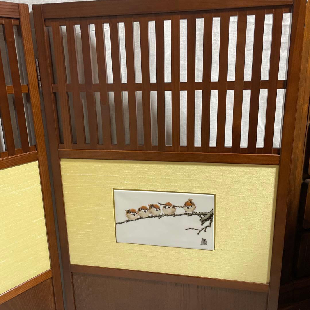 高級衝立　天然木　二曲　雀　九谷焼　二曲九谷屏風