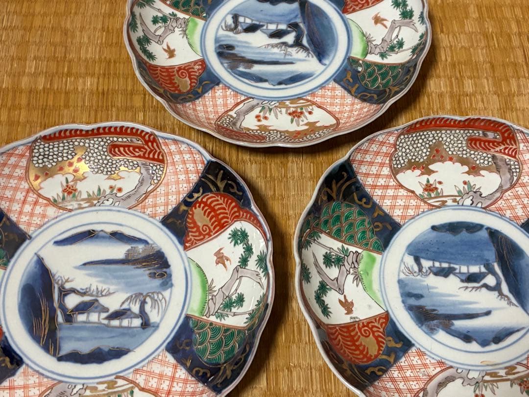 古伊万里 金彩 色絵 中皿 平皿 盛皿 三枚揃い 時代物