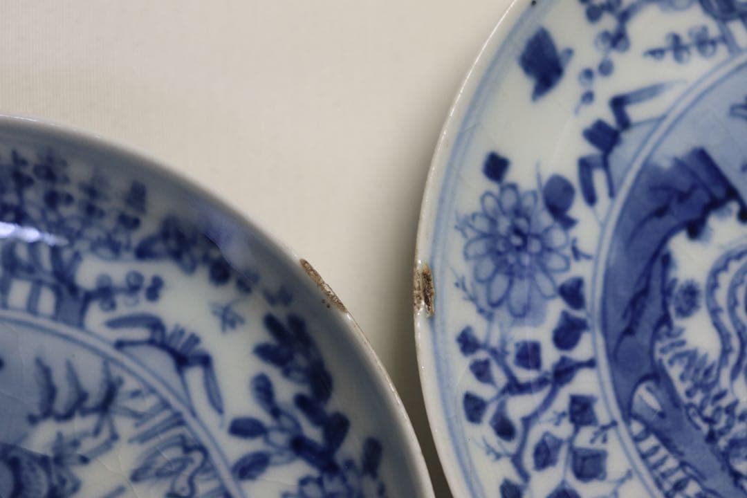 中国　明時代　染付鳳紋小皿2点　古染　芙蓉手　木箱付　送料込み0516