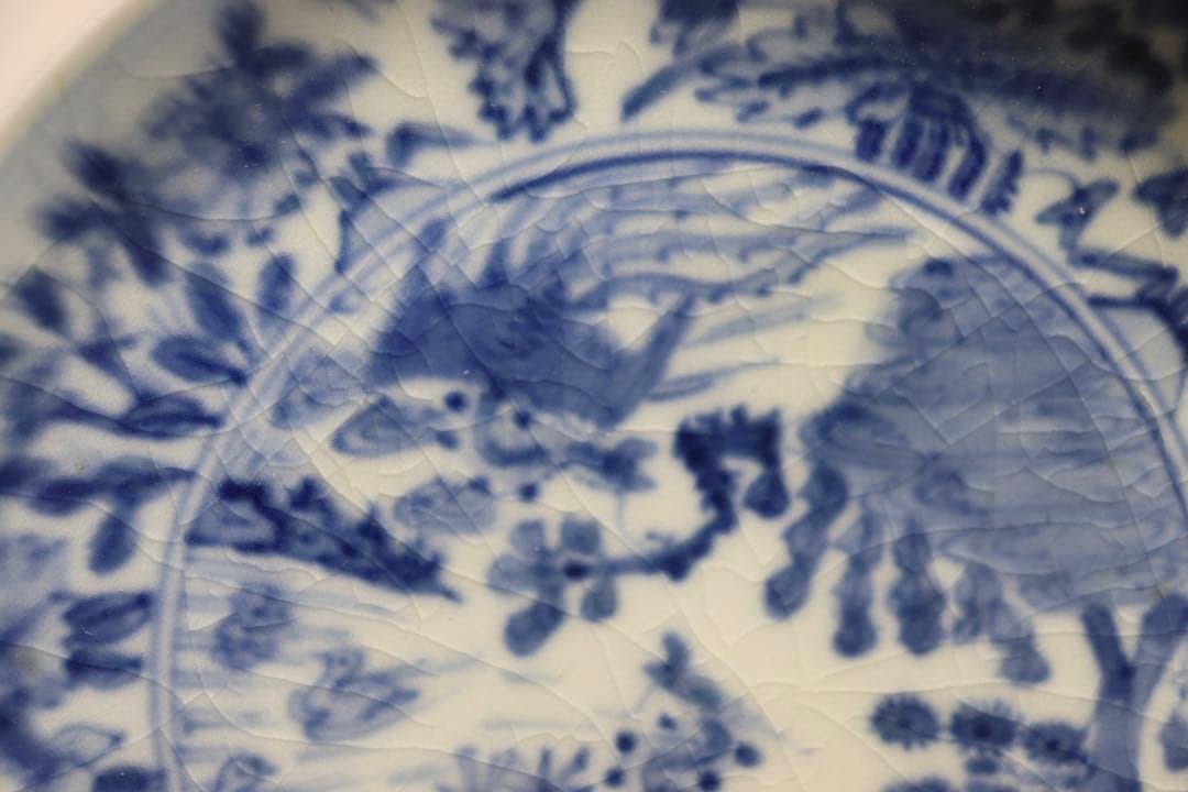 中国　明時代　染付鳳紋小皿2点　古染　芙蓉手　木箱付　送料込み0516